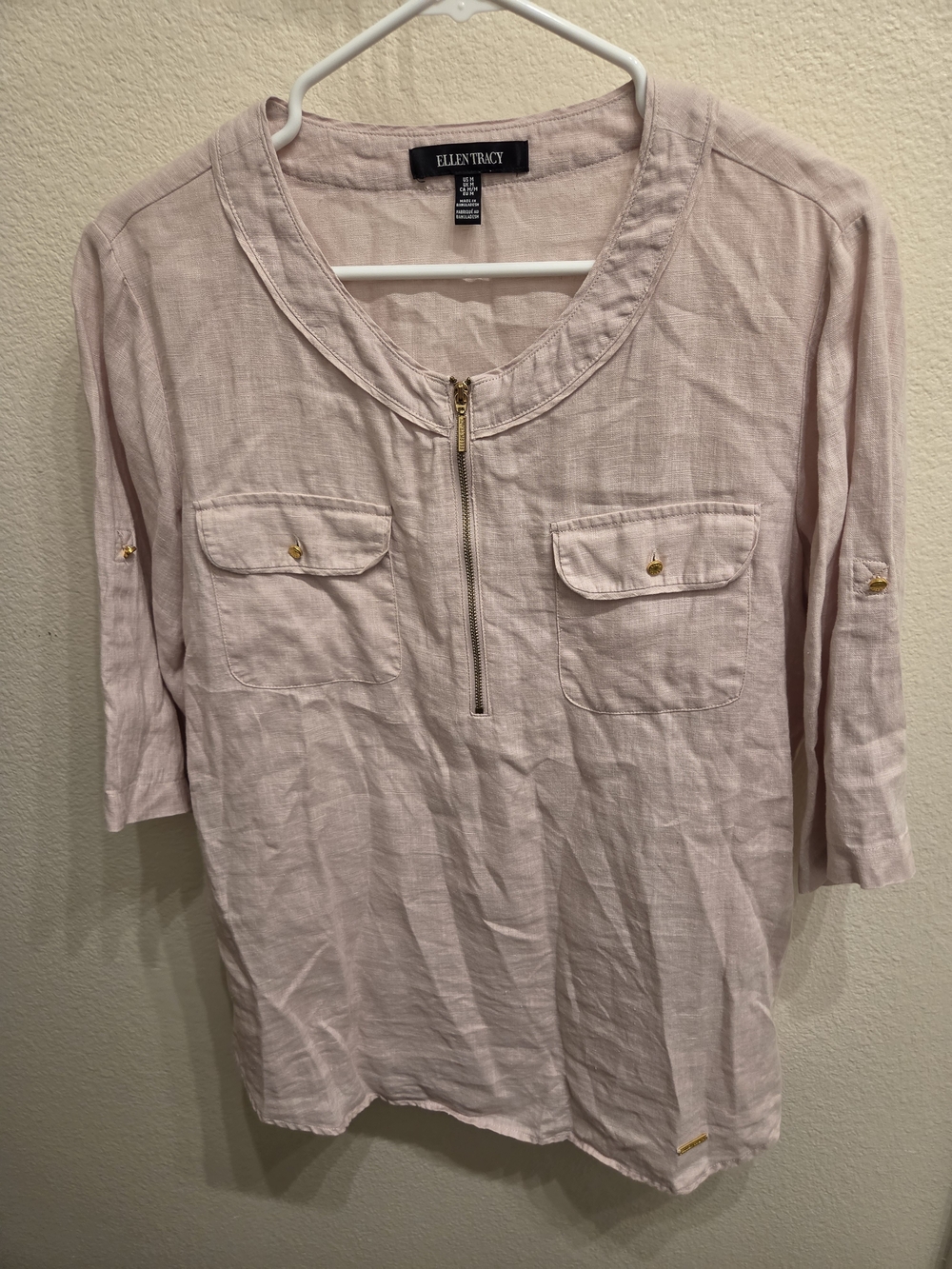Ellen Tracy Light Blush Zip-Front Pocket Blouse